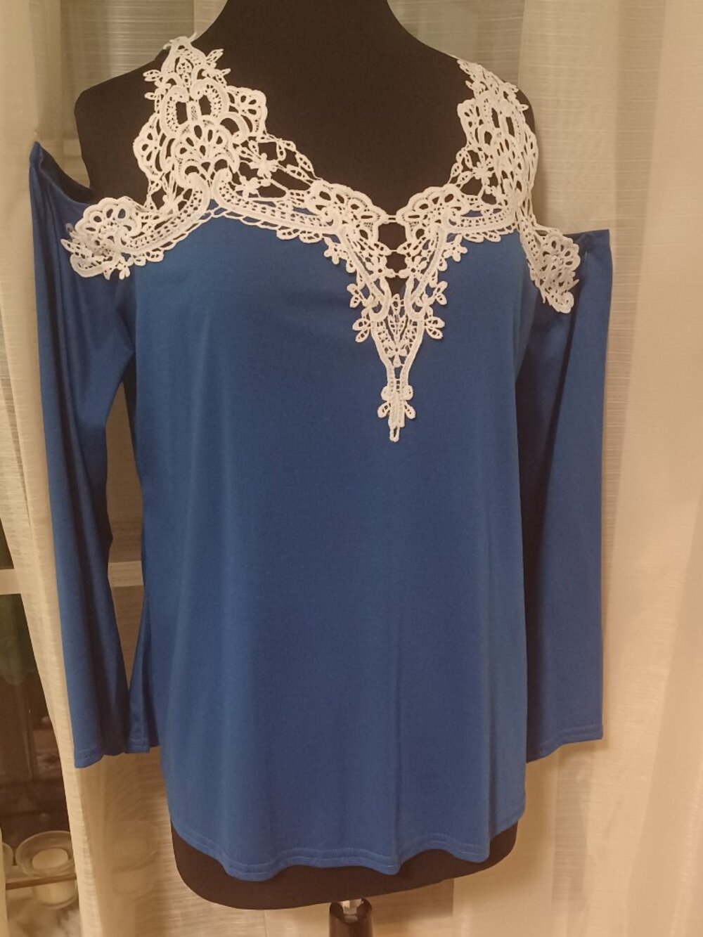 Royal Blue Heavy Lace Cold Shoulder Long Sleeve top 5XL